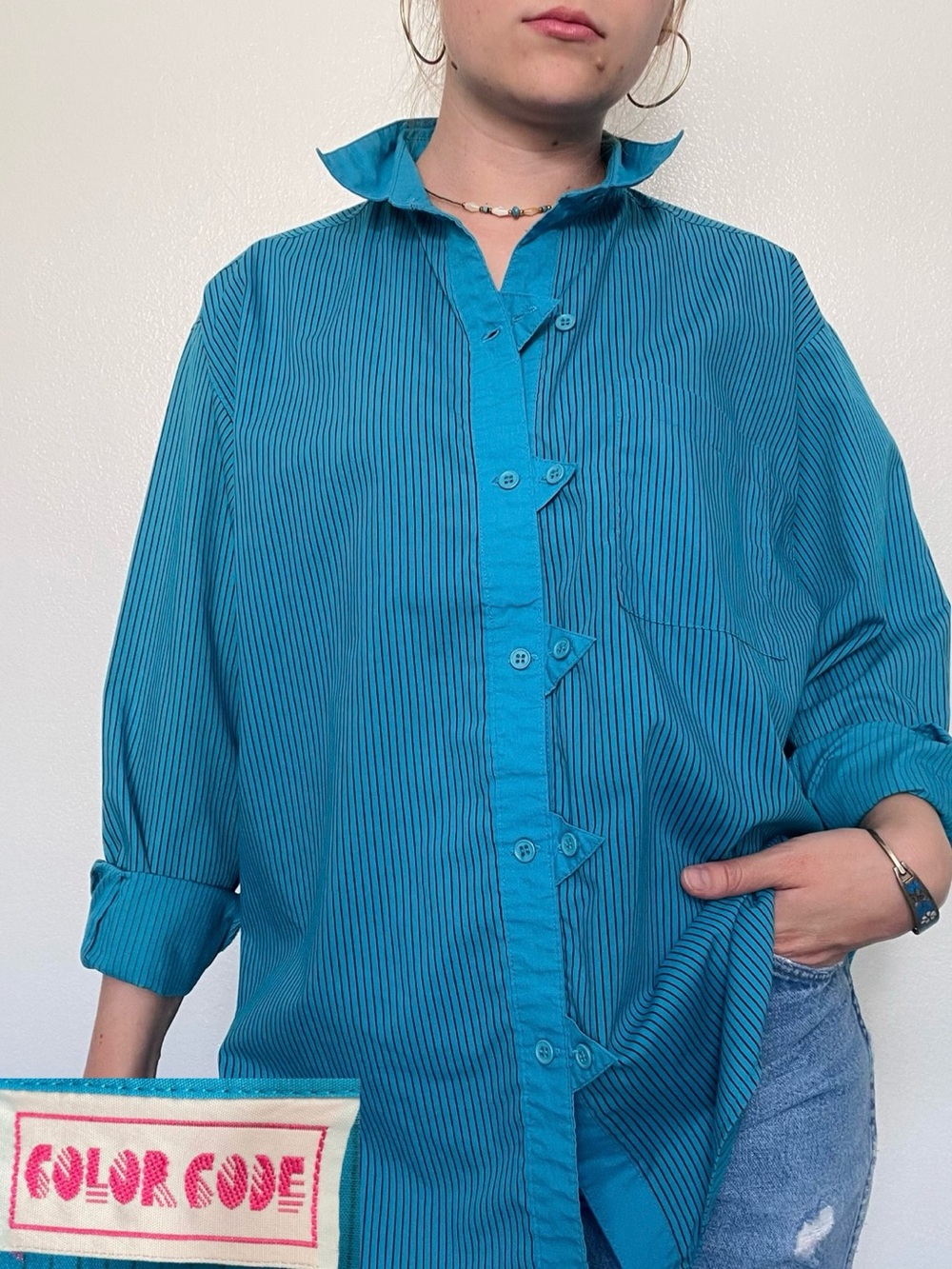 Color Code | Vintage 80s Neon Blue Pinstriped Button Down Preppy Top Triangles